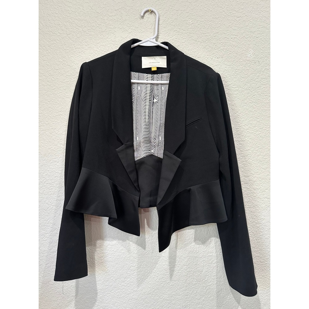 Leifsdottir Black Cropped Peplum Blazer Satin Trim Open Front Jacket Womens 8